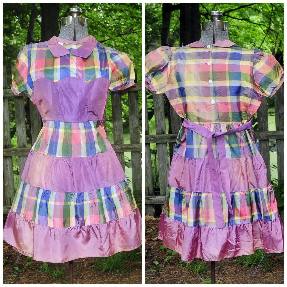 Vintage 50's 60's Girls Purple Taffeta Plaid Party Holiday Church Dress Size 12